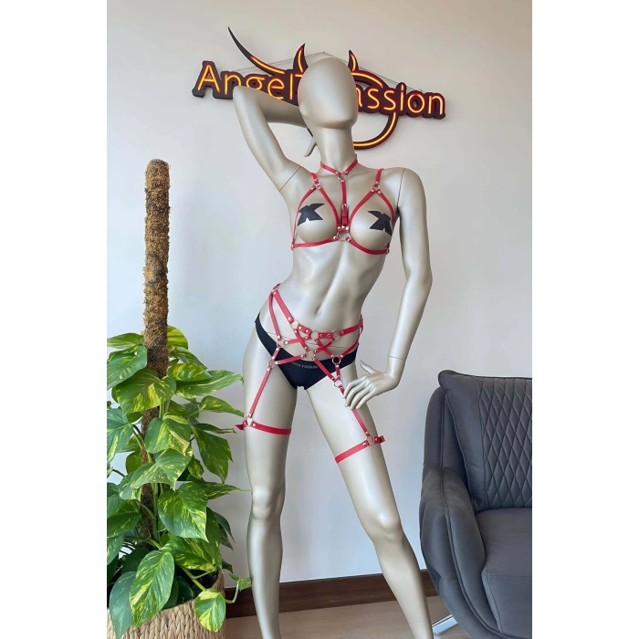 Kırmızı Deri Jartiyer Ve Büstiyer Takım