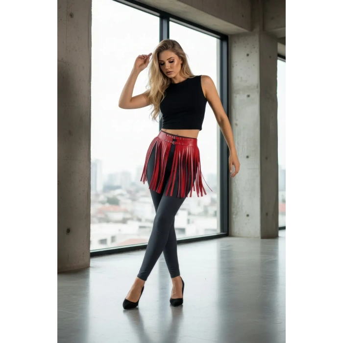 Kırmızı Etek Deri Tokalı Püsküllü Kısa Etek - Brf1400