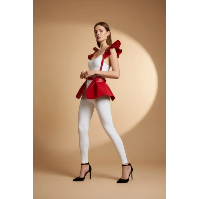 Kırmızı Etek Deri Volanlı Omuz Peplum - Brf1001