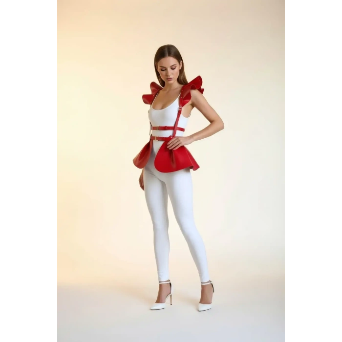 Kırmızı Etek Deri Volanlı Omuz Peplum - Brf1001