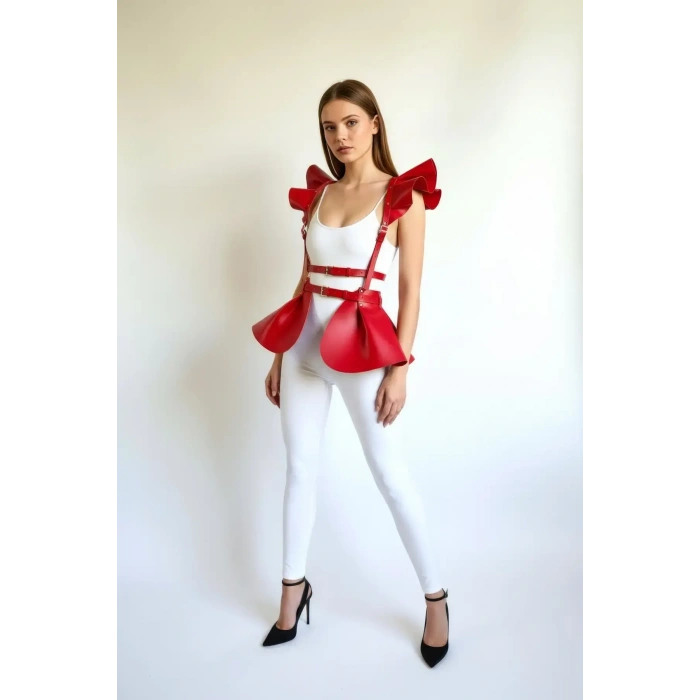 Kırmızı Etek Deri Volanlı Omuz Peplum - Brf1001