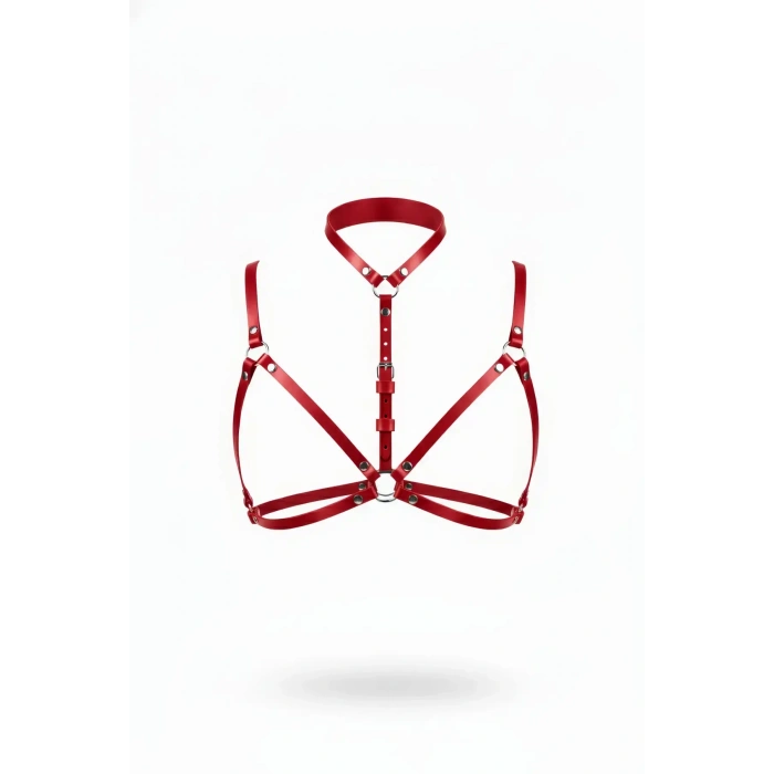 Kırmızı Göğüs Harness Deri Boyunluklu O Halka Detaylı - Brf197