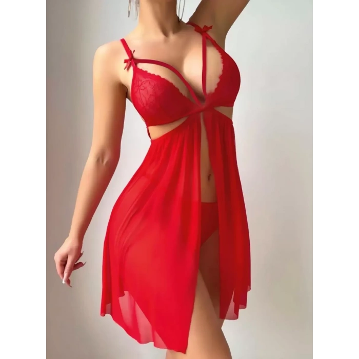 Kırmızı Göğüs İp Detaylı Dantel İşlemeli Tül Gecelik