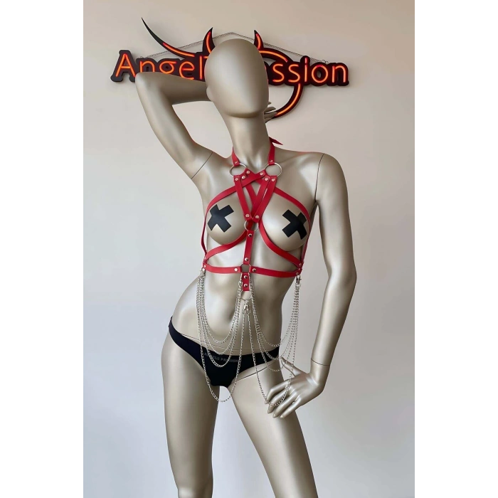Kırmızı Göğüs Üzeri Seksi Erotik Harness
