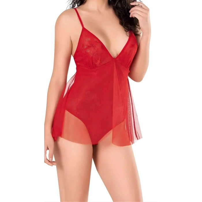 Kırmızı Jakarlı Bodysuit Gecelik Zarif Kadın Gece Elbisesi