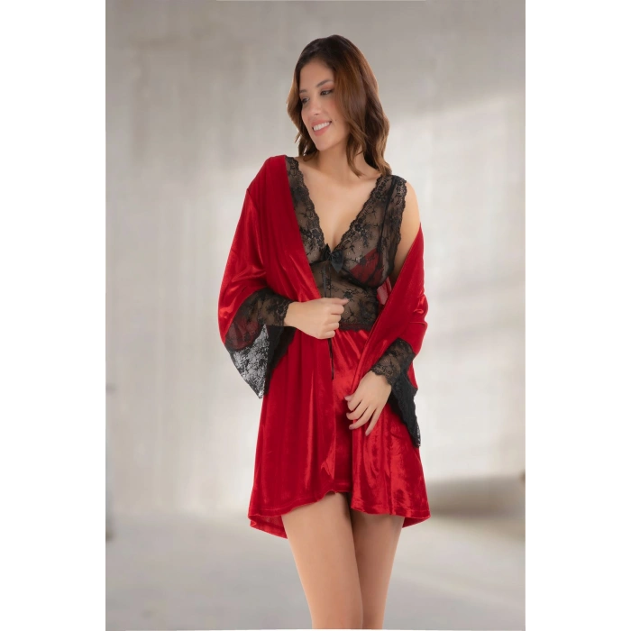 Kırmızı Kadife Sabahlık & Gecelik Takım 2 Li - 1442