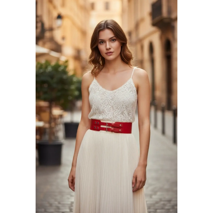 Kırmızı Kadın Kemer Çift Tokalı Geniş Bel Aksesuarı - Brf1203