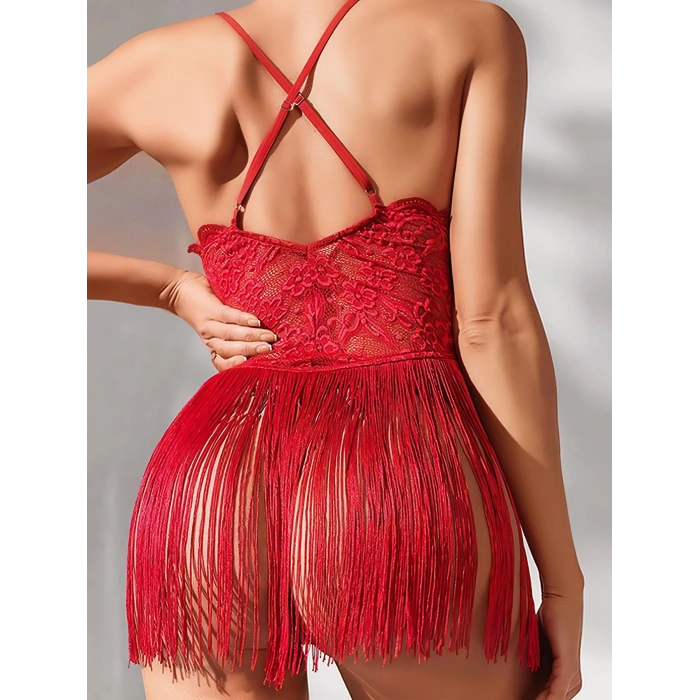 Kırmızı Püsküllü Dantel Detaylı Fantezi Gecelik