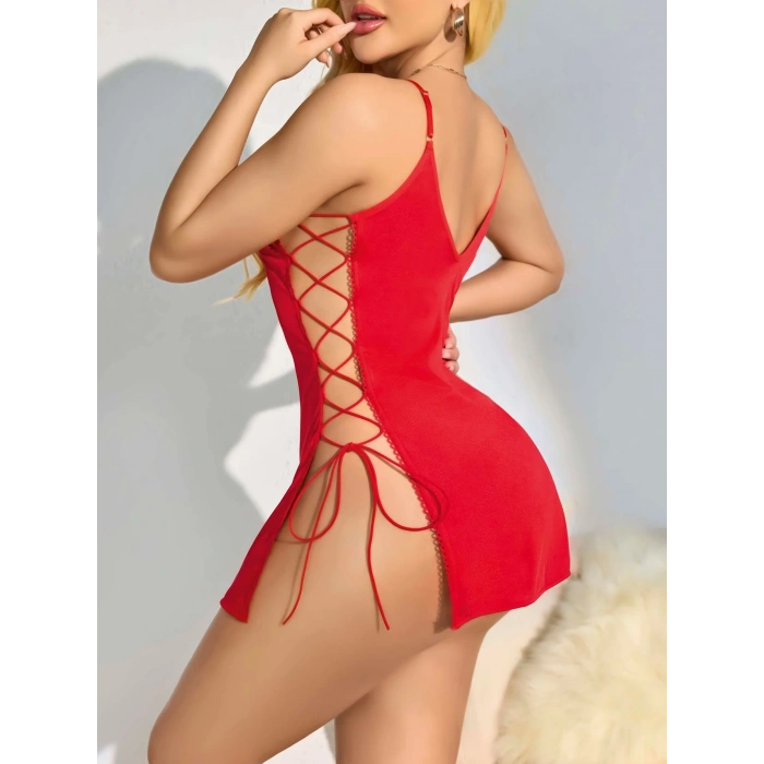 Kırmızı Yanları İp Detaylı Fantezi Gecelik