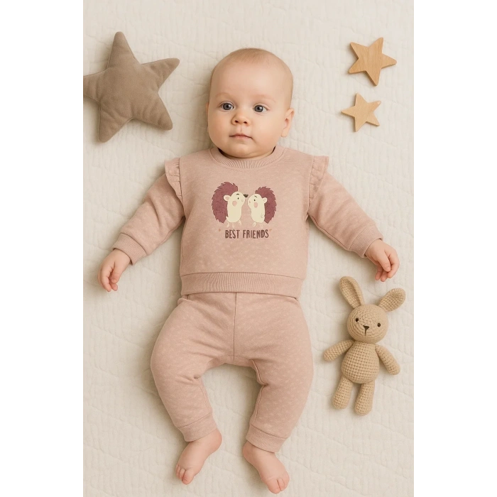 Kirpi Nakışlı % 100 Pamuk 2li Kız Bebek Takım