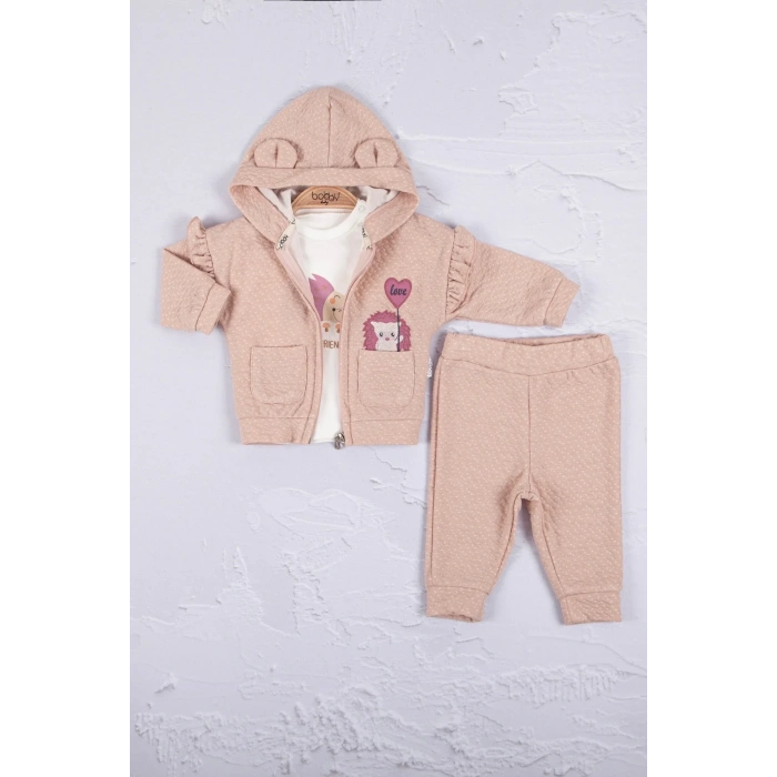 Kirpi Nakışlı % 100 Pamuk 3lü Kız Bebek Takım