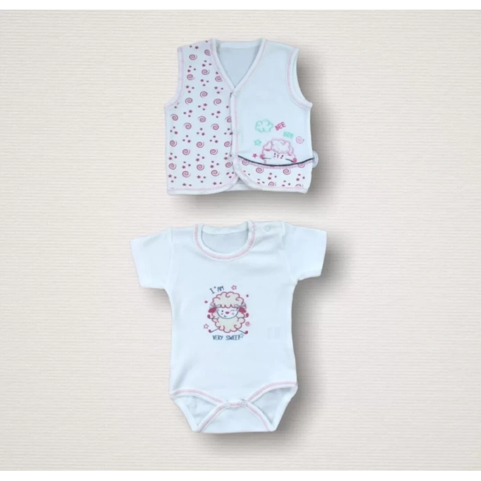 Kıvırcık Kuzu Nakışlı %100 Cotton Antibakteriyel 10lu Zıbın Takımı Hastane Çıkışı Ekru