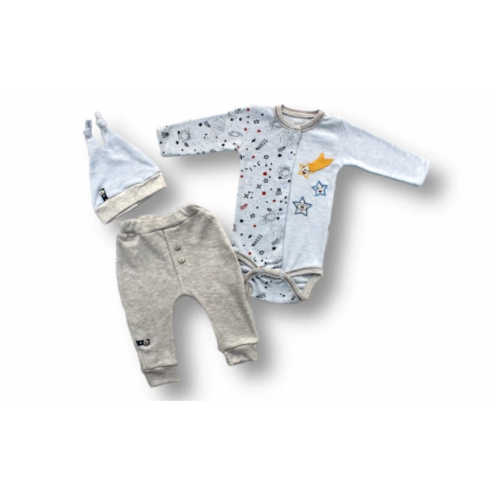 Kuyruklu Yıldız Nakışlı Şapkalı Uzun Kollu Zıbınlı 3lü Kız-erkek Bebek Takımı Mavi