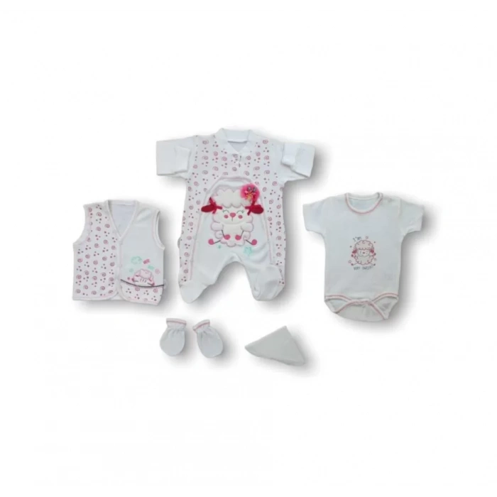 Kuzucuk Nakışlı %100 Cotton Antibakteriyel 5li Zıbın Takımı Hastane Çıkışı Ekru