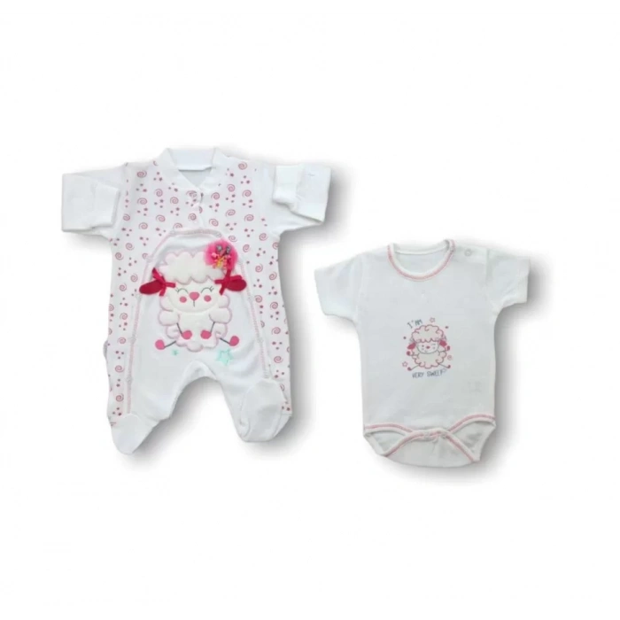 Kuzucuk Nakışlı %100 Cotton Antibakteriyel 5li Zıbın Takımı Hastane Çıkışı Ekru