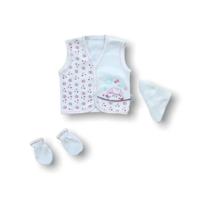 Kuzucuk Nakışlı %100 Cotton Antibakteriyel 5li Zıbın Takımı Hastane Çıkışı Ekru