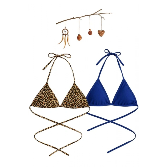 Leopar Desenli Ve Mavi Detaylı Üçgen Bikini Üstü Minimal Kesim Bağlamalı Kadın Mayo Üstü 2li