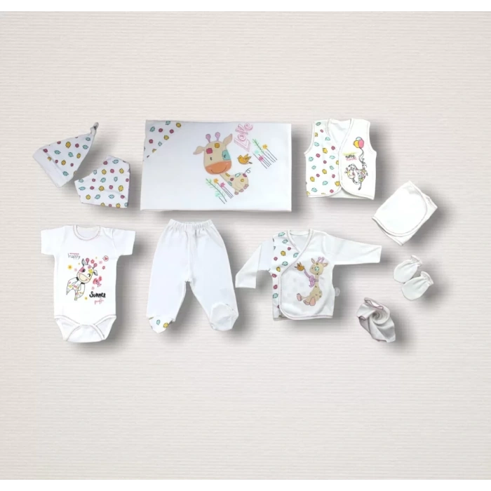 Love Zürafa Nakışlı %100 Cotton Antibakteriyel 10lu Zıbın Takımı Hastane Çıkışı Ekru