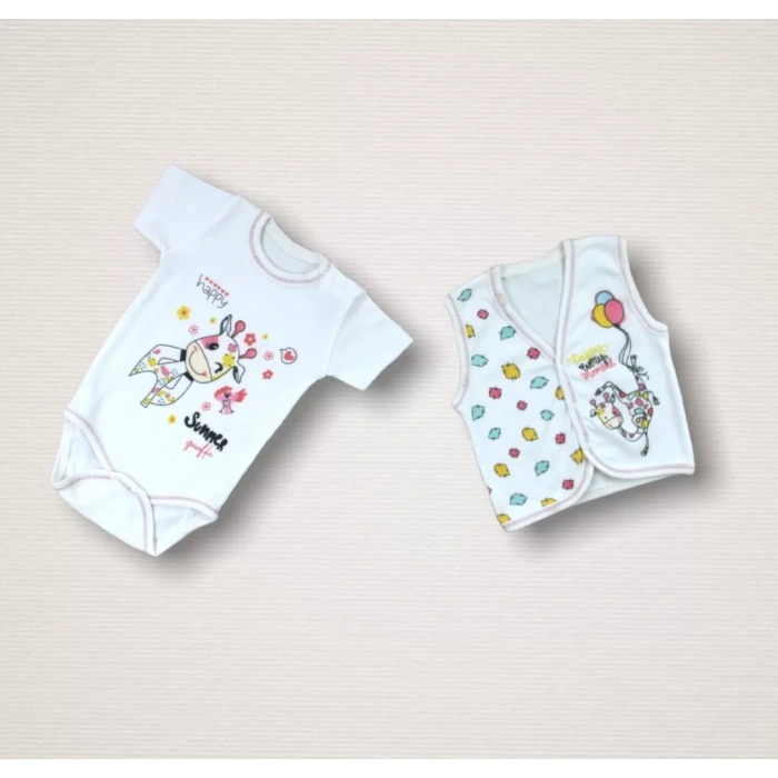 Love Zürafa Nakışlı %100 Cotton Antibakteriyel 10lu Zıbın Takımı Hastane Çıkışı Ekru