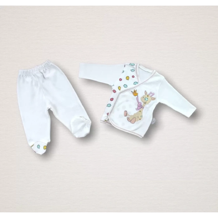 Love Zürafa Nakışlı %100 Cotton Antibakteriyel 10lu Zıbın Takımı Hastane Çıkışı Ekru