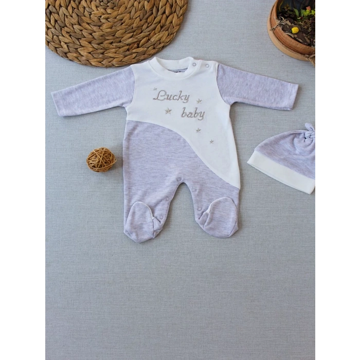 Lucky Baby Nakışlı Es Çizgi Boy Şapkalı Erkek Bebek Tulumu Kahvemelanj