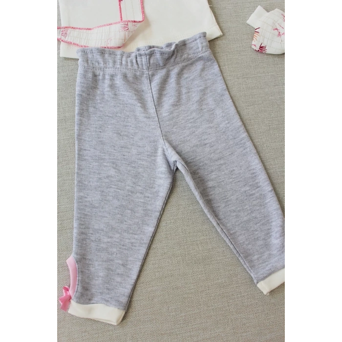 Matmazel Yaka Fırfır Detaylı Bandanalı Uzun Kollu Sweat 3lü Kız Bebek Takımı Ekru