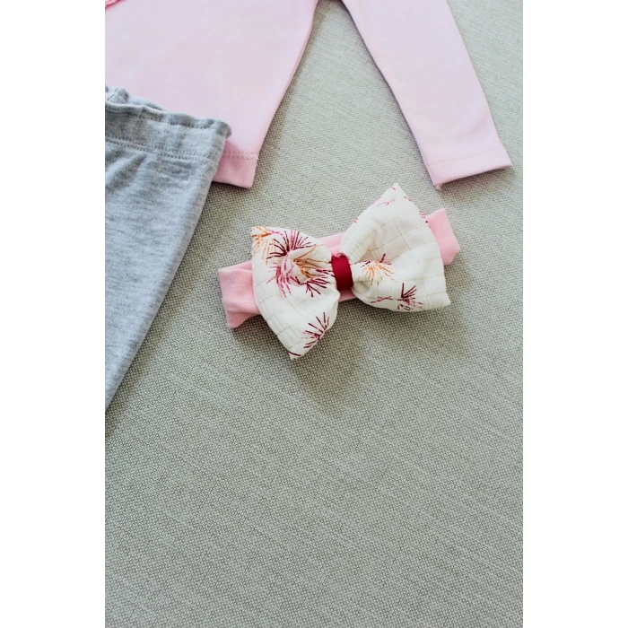 Matmazel Yaka Fırfır Detaylı Bandanalı Uzun Kollu Sweat 3lü Kız Bebek Takımı Pembe