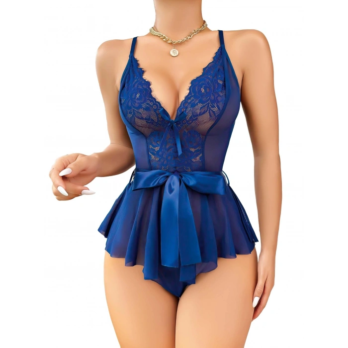 Mavi Dantel İşlemeli Kurdelalı Fantezi Tül Babydoll