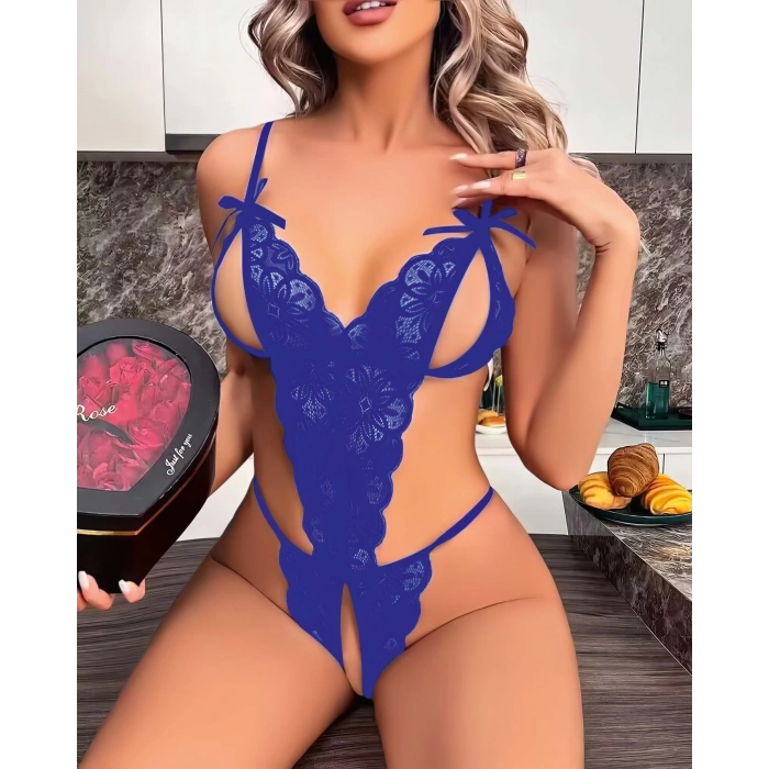 Mavi Dantel İşlemeli Özel Bölgesi Açık Fantezi Body