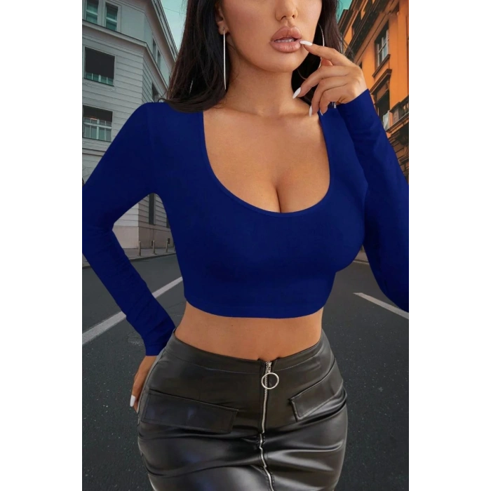 Mavi Derin U Yaka Crop Top Uzun Kollu Dar Kesim Kadın Bluz