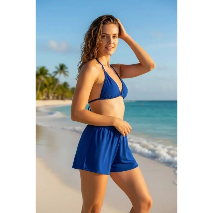 Mavi Şortlu Bağlamalı Bikini Takımı Belden Ve Boyundan Ayarlanabilir Esnek Kumaş Kadın Mayo Seti