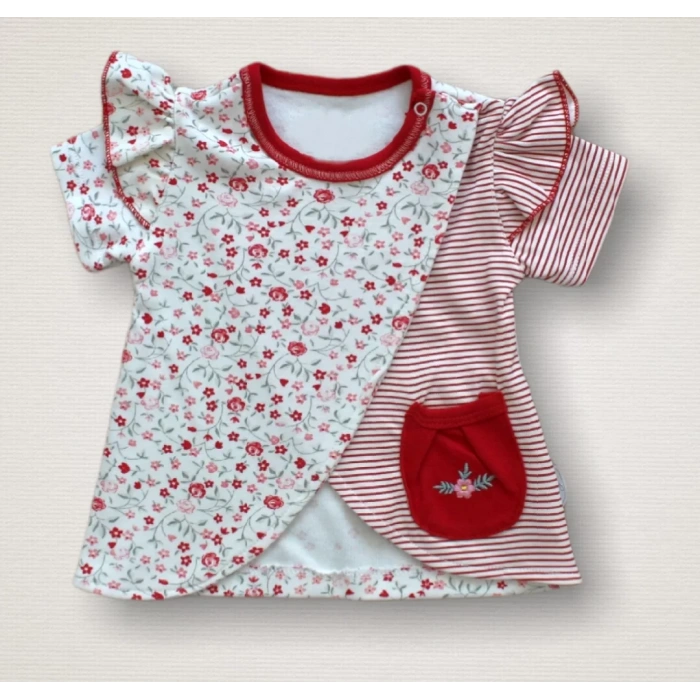 Melek Kız Nakışlı Bandanalı Kısa Kollu Sweatli Şortlu 3lü Kız Bebek Takımı Kırmızı