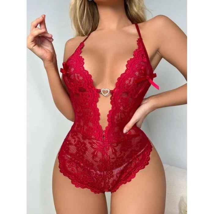 Metal Kalp Aksesuarlı Fantezi Dantelli Kırmızı Body