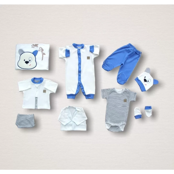 Minik Centilmen I Nakışlı %100 Cotton Antibakteriyel 10lu Zıbın Takımı Hastane Çıkışı Mavi