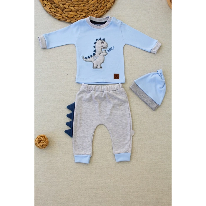 Minik Dino Nakışlı Şapkalı Uzun Kollu Sweat 3lü Kız-erkek Bebek Takımı Mavi