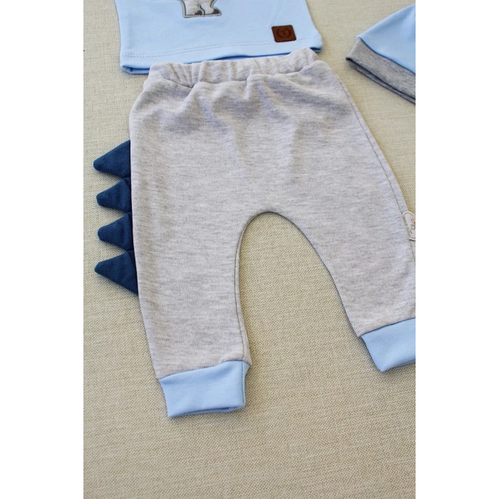 Minik Dino Nakışlı Şapkalı Uzun Kollu Sweat 3lü Kız-erkek Bebek Takımı Mavi