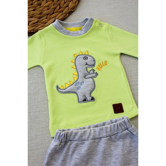 Minik Dino Nakışlı Şapkalı Uzun Kollu Sweat 3lü Kız-erkek Bebek Takımı Yeşil