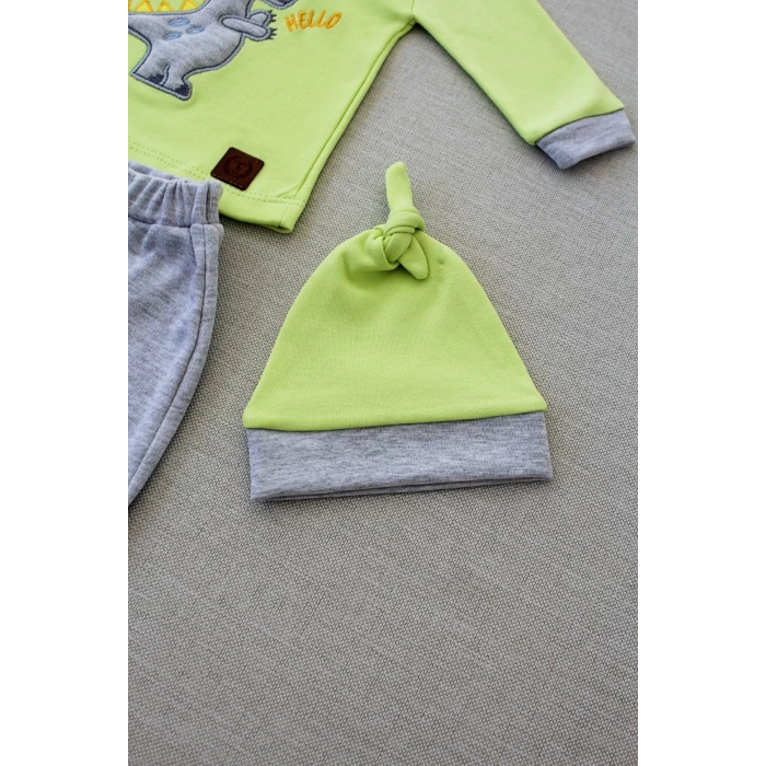 Minik Dino Nakışlı Şapkalı Uzun Kollu Sweat 3lü Kız-erkek Bebek Takımı Yeşil