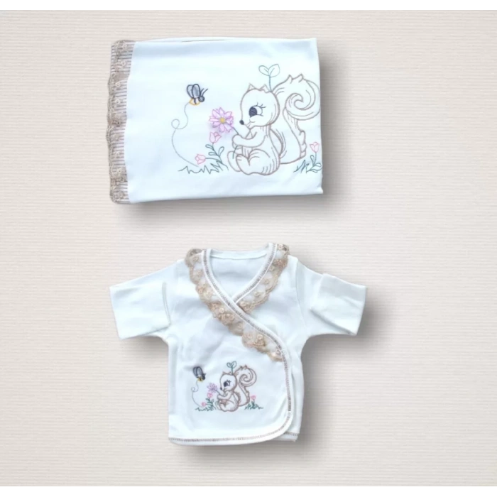 Minik Sincap Nakışlı %100 Cotton Antibakteriyel 10lu Zıbın Takımı Hastane Çıkışı Ekru