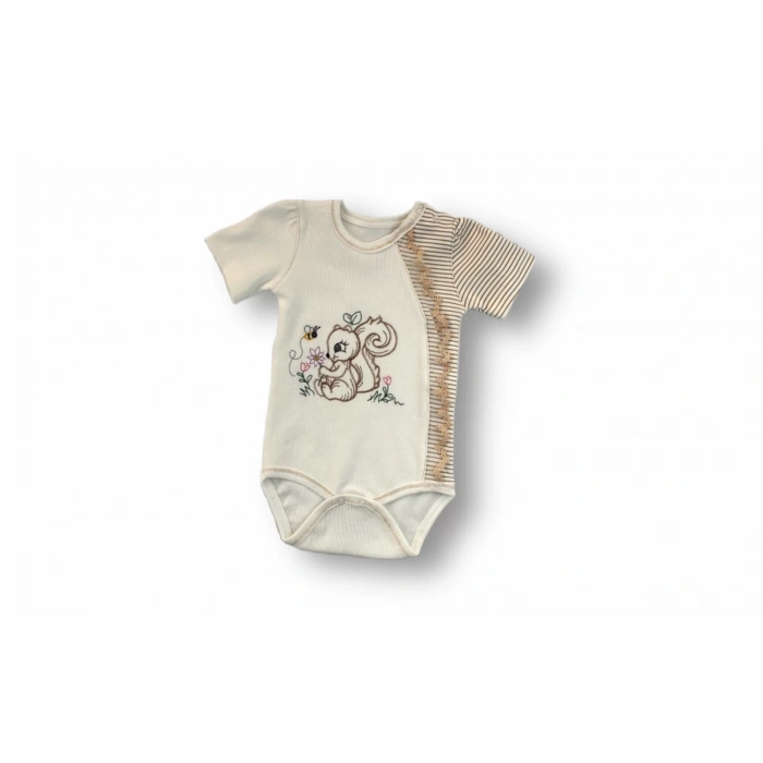 Minik Sincap Nakışlı Şapkalı Uzun Kollu Zıbınlı 3lü Kız Bebek Takımı Kahverengi