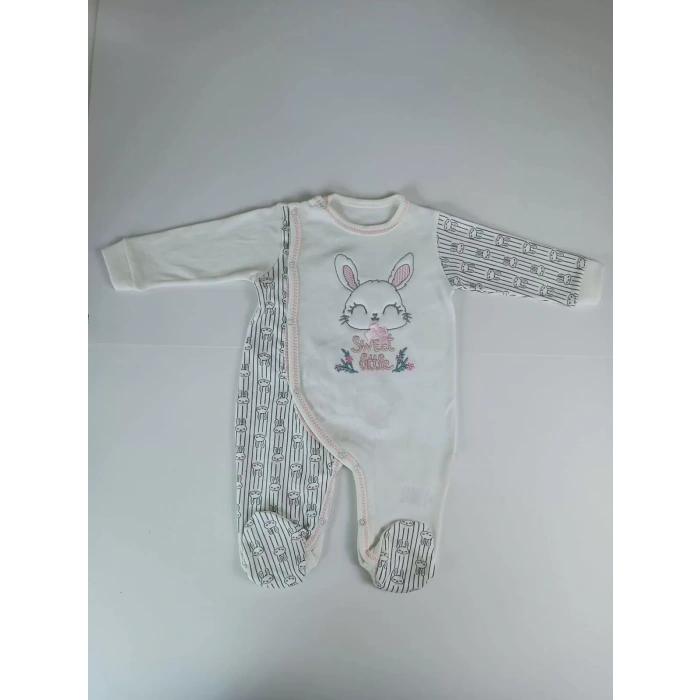 Minik Tavşan Nakışlı Boydan Çıtçıt Kapamalı Kız Erkek Bebek Tulumu Ekru