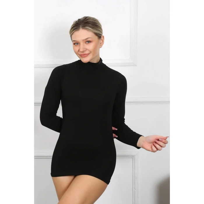 Moda Bayan Uzun Kol Boğazlı Body Siyah