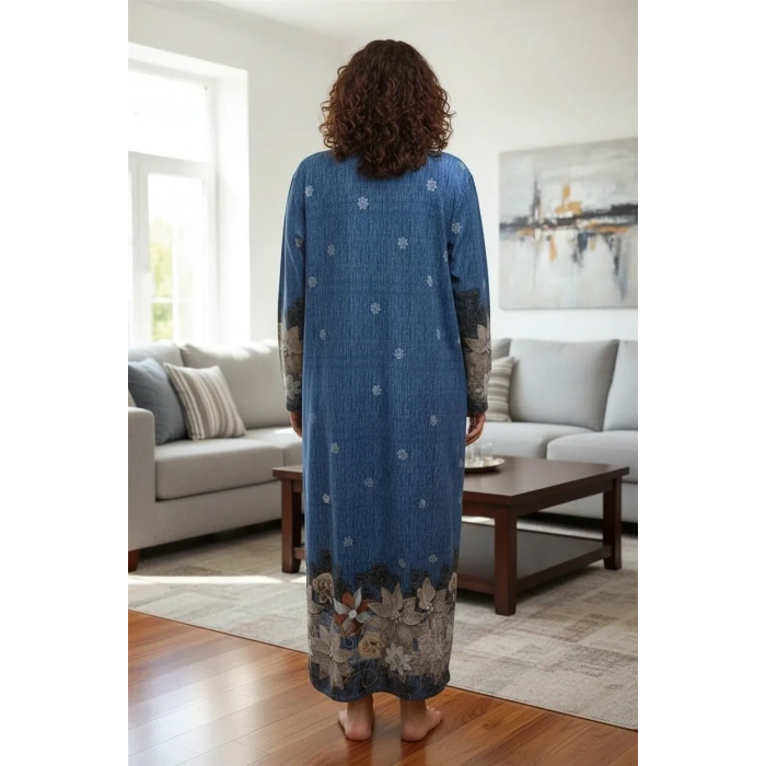Moda Büyük Beden Çiçek Motfili Uzun Kollu Gecelik