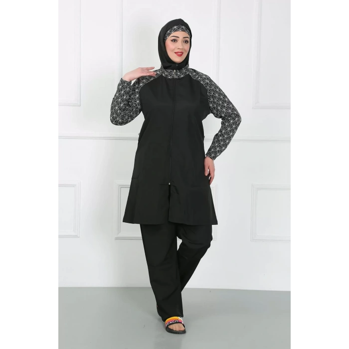 Moda Büyük Beden Desenli Tesettür Mayo Siyah