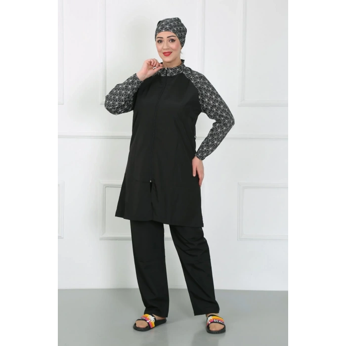 Moda Büyük Beden Desenli Tesettür Mayo Siyah