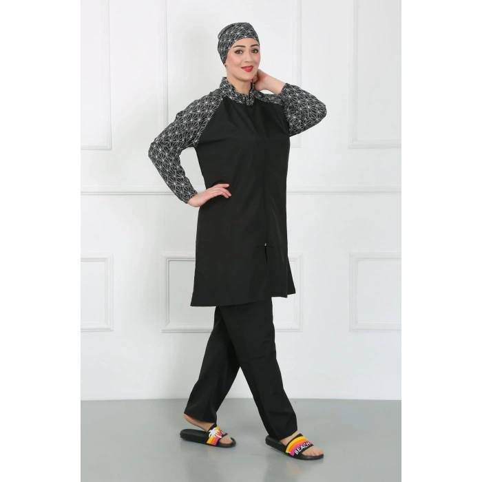 Moda Büyük Beden Desenli Tesettür Mayo Siyah