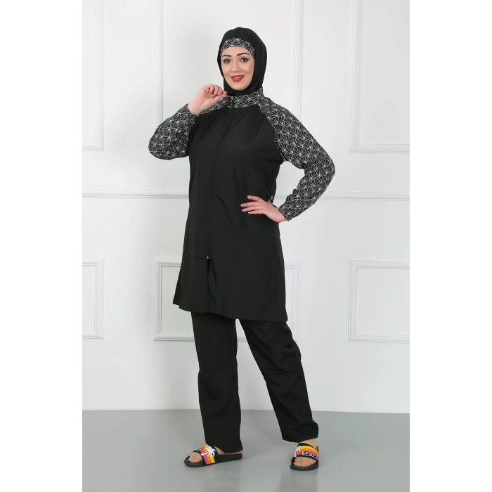 Moda Büyük Beden Desenli Tesettür Mayo Siyah