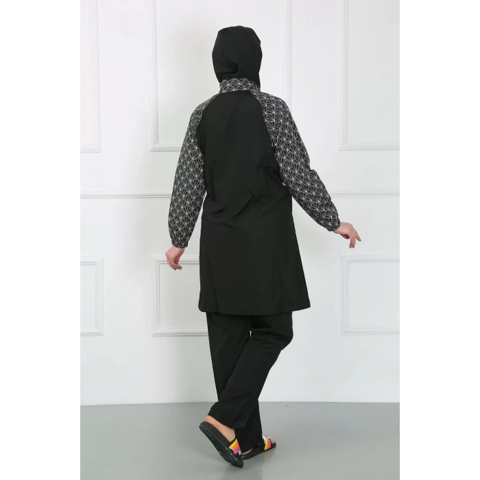 Moda Büyük Beden Desenli Tesettür Mayo Siyah