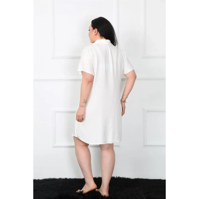 Moda Büyük Beden Dokuma Düğmeli Beyaz Tunik Gecelik