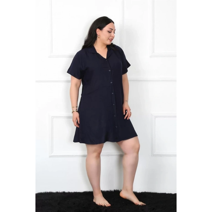 Moda Büyük Beden Dokuma Düğmeli Lacivert Tunik Gecelik